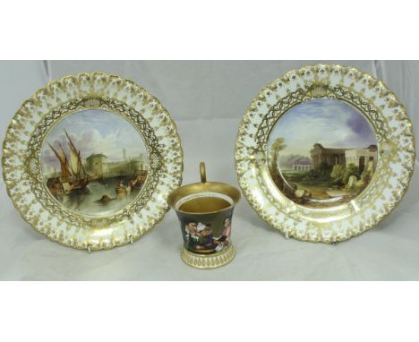 A 19th Century Copeland and Garrett cabinet plate, the centre field with hand-painted decoration "Civita Vecchia", within a g
