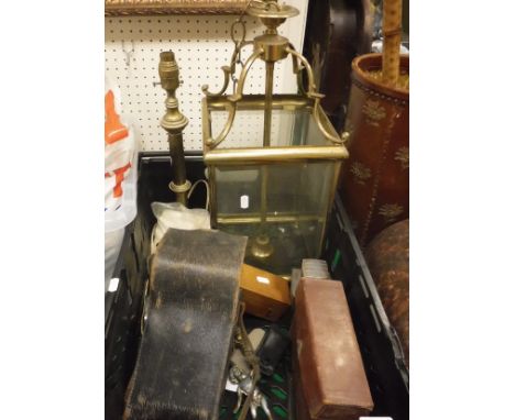 A box containing a glass and brass hall lamp, various cameras, a brass microscope housed in wooden case, two hip flasks, etc