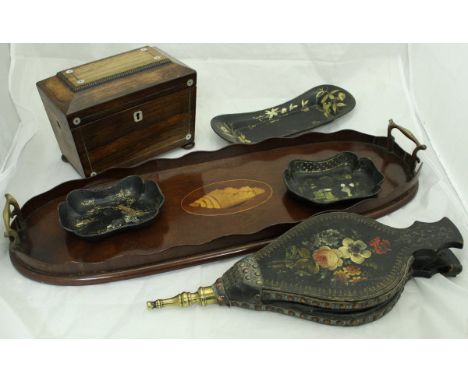 A Victorian rosewood tea caddy of sarcophagus form, a pair of ebonised and painted miniature bellows, Edwardian mahogany and 