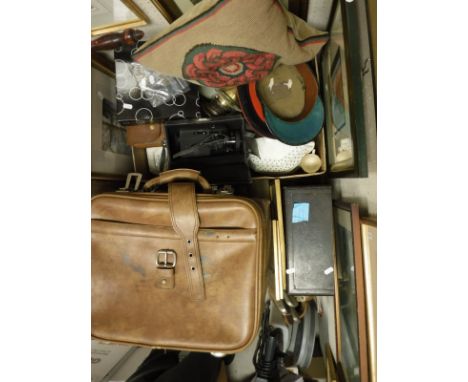 A box of assorted china and sundry wares to include a Sankyo Super LXL video camera, a set of pool balls, various leather cas