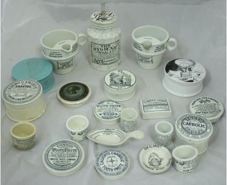 A collection of various advertising pottery wares including "John Cosnell & Co. London Cherry Toothpaste patronised by The Qu