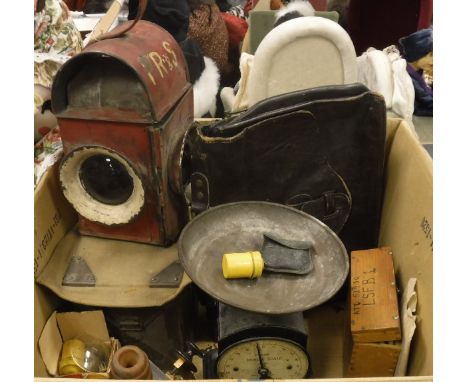A B T-H signalling lamp, World War II signalling lamp box, raod lamp, scales, log splitter etc.