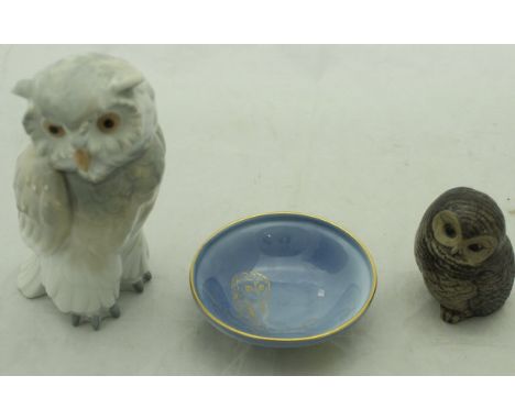 A Nao figure of an owl, a Poole figure of an owl and a Royal Worcester "Sabrina" porcelain blue ground dish with gilt decorat