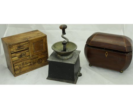 A 19th Century rosewood and inlaid tea caddy of bombé form, a parquetry inlaid miniature table-top cabinet and a Kenrick coff