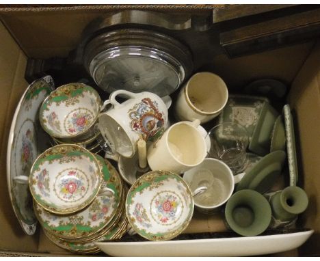 A box containing assorted Wedgwood Green Jasperware china to include trinket dishes etc, a Shelley Sheraton patterned part te