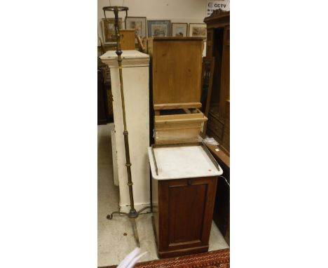 A Victorian mahogany marble toped pot cupboard, together with  an adjustable brass standard lamp