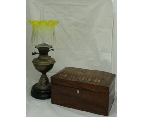 A late Victorian brass oil lamp with acid etched and yellow tinted shade, together with a Victorian parquetry inlaid box COND