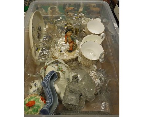 A box containing various vintage Babycham glasses, a Vale bone china part tea service, a Goble figure of boy, etc. 
