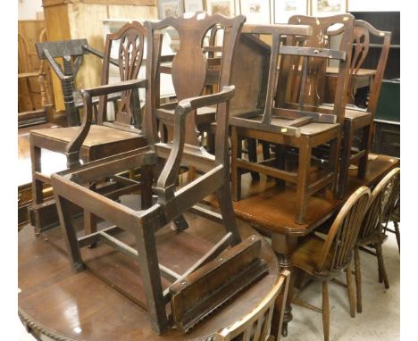 Two pairs of 19th Century oak panel seated dining chairs together with four various other oak panel seated dining chairs
