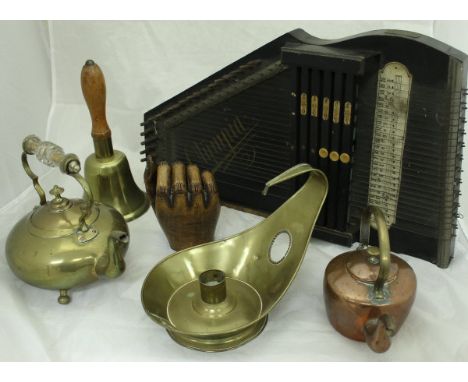 A collection of various fireside tools including bellows, toasting forks, brush, three various chambersticks, brass jardinier