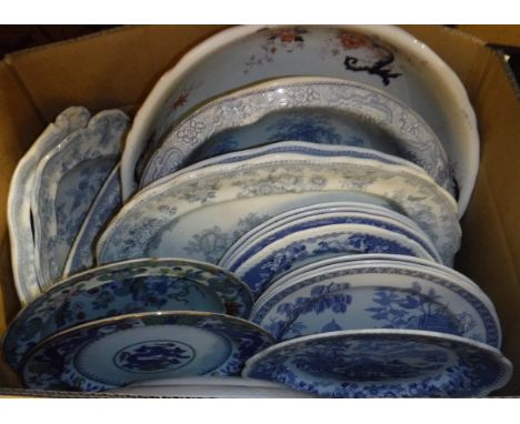 Two boxes containing various Staffordshire pottery to include "Asiatic Pheasant" pattern serving dishes, together with three 