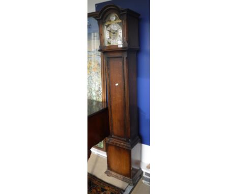 An oak cased grandmother clock, the dial inscribed "Tempus Fugit"