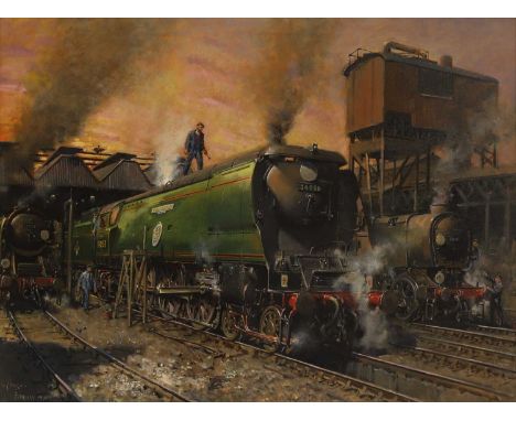 ▲ Terence Cuneo (1907-1996) 'No: 34051, 'Winston Churchill', in Bournemouth Shed'signed and dated '.CUNEO./FEBRUARY 1990' l.l