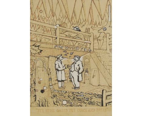 ▲ Ruskin Spear RA (1911-1990) 'The Witch’s Bar' pen and ink and felt tip heightened with white36.5 x 24.5cmProvenance: The Da