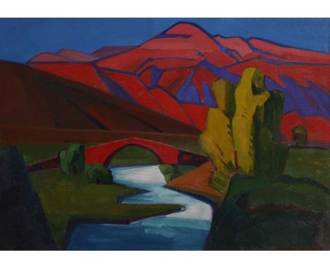 Artashes Abraamyan (Armenian, 1921-2003) River landscape with bridgesigned in Cyrillic l.r., also signed and inscribed in Cyr