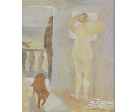 ▲ Tessa Newcomb (b.1955) Nude with cat and shadow signed with initials and dated '97' l.r., oil on board 25.5 x 20.5cmConditi