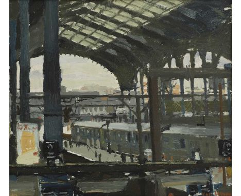 ▲ Ken Howard RA (1932-2022) 'The Railway Station'signed 'Ken Howard' l.r., oil on board27 x 30cmProvenance: With New Grafton 