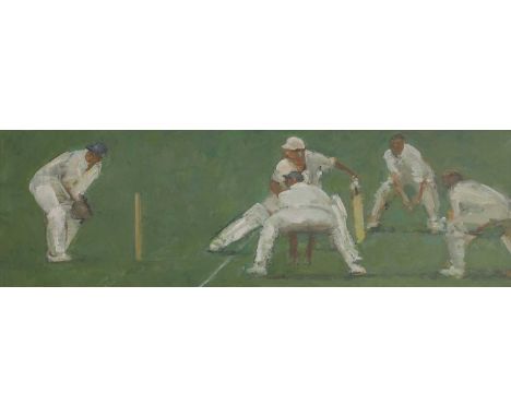 ▲ Ruskin Spear RA (1911-1990) 'A Thin Edge', 1989 oil on board20.5 x 61cmProvenance: The David and Pam McCleave Collection of