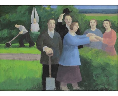 ▲ Karolina Larusdottir (Icelandic, 1944-2019) 'The New Neighbours'signed 'K. Larusdottir' l.r., oil on canvas40.3 x 56.3cmCon