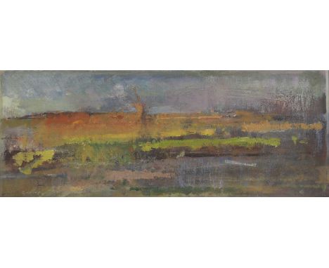 ▲ Fred Cuming RA (1930-2022) 'Marshland, Isle of Oxney'signed 'Cuming' l.l., inscribed with title verso, oil on board18 x 47c
