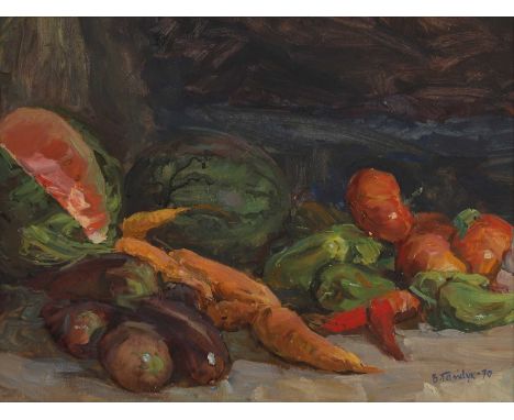 Viktor Gaiduk (Ukrainian, 1926-1992)  Fruit and vegetables signed in Cyrillic and dated '70' l.r., oil on card 46.5 x 61cm   