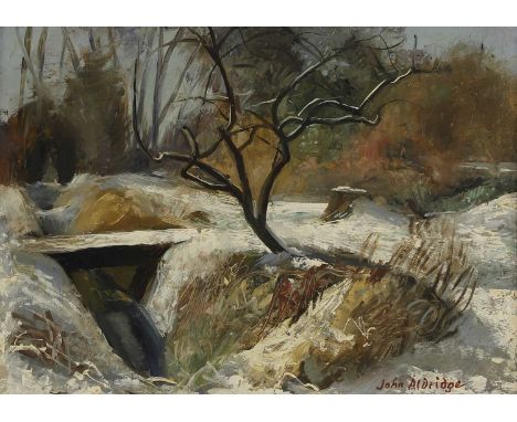 ▲ John Aldridge RA (1905-1983) 'Quince Tree by a Frozen Ditch'signed 'John Aldridge' l.r., also signed, inscribed with title 