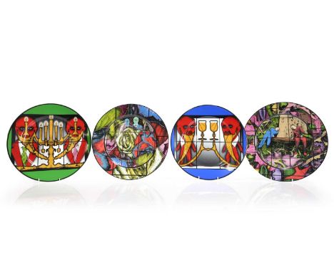 ▲ Gilbert & George (b.1943 and 1942) 'On the Bench &amp; Rosy', 2020'Beardlight &amp; Beardtoast', 2021four plates created fo