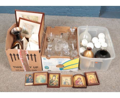 Three boxes of miscellaneous. Includes cut glassware, reproduction religious icons, Royal Worcester Evesham etc.  