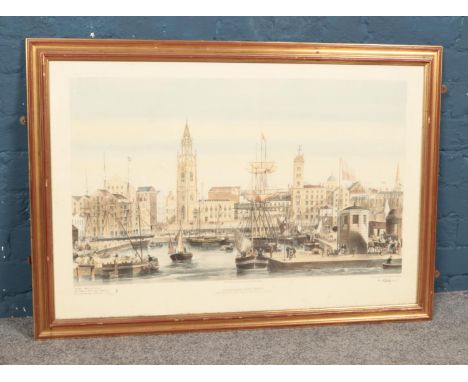 A lithograph by Day &amp; Sons, limited edition 160 of 350, hand coloured and depicting St. Georges Dock basin in Liverpool. 