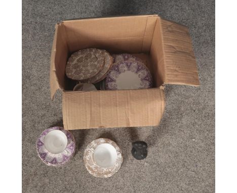 A box of assorted ceramics to include Vale tea service, Coal figure and one other tea service.  