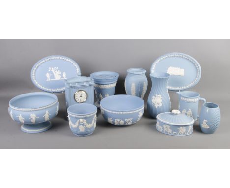 A good collection of Wedgwood jasperware in sky blue. To include large bowl, St Andrews plaque, various vases and large quart