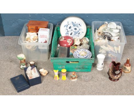 Three boxes of miscellaneous. Including ceramics, jewellery box, annuals, Goebel figure, etc.  