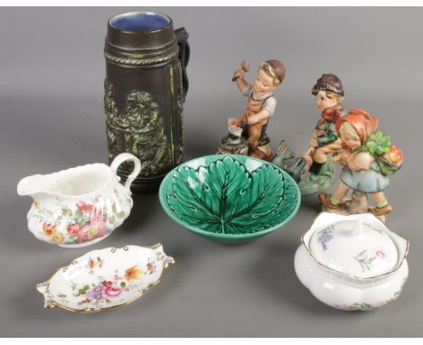 A collection of ceramics. Including Friedel figures, Wedgwood bowl, Royal Crown Derby Posies trinket dish, etc.  