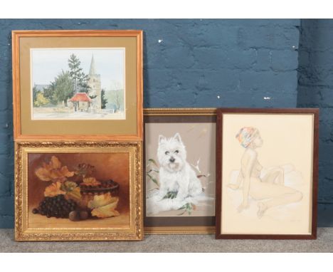 Four framed pictures. Includes pencil sketch of a nude female, Gail E Lodge Scottish Highland terrier, L R Black Maltby churc