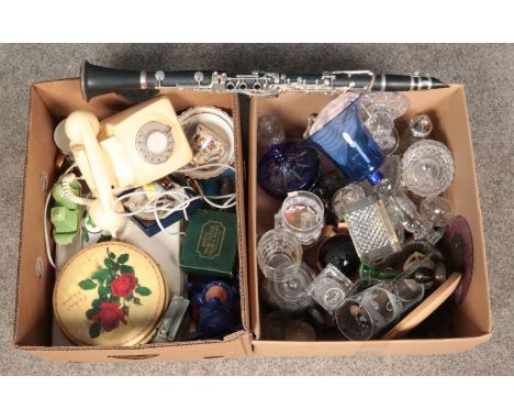 Two boxes of assorted items, to include modern Sonata clarinet, rotary telephone and assorted ceramics.  