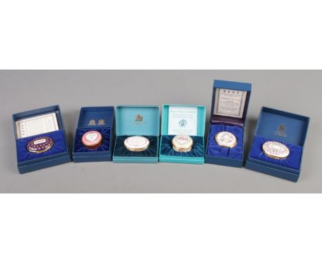 Halcyon Days and Bilston and Battersea Enamels; a collection of enamel pill boxes, including St. Valentines examples from 197