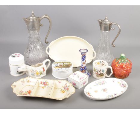 A collection of ceramics and glass. Includes Claret jugs, Royal Winton, Coalport, Carltonware etc.  