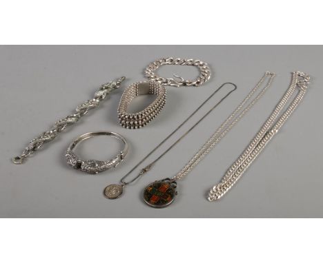 A collection of silver and white metal jewellery, to include 1887 enameled florin in mount on chain, marcasite set bangle and