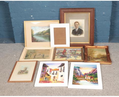 A quantity of pictures and prints to include Javoir, long stitch tapestry, etc.  