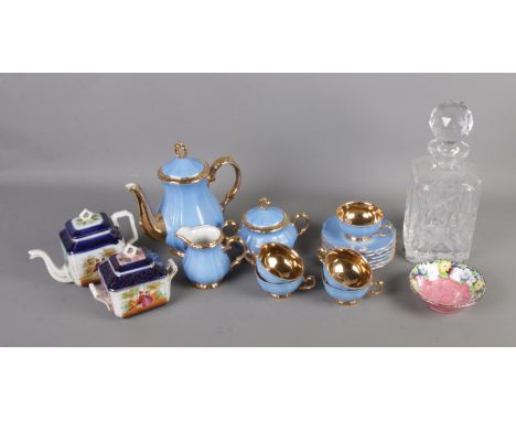 A collection of ceramics and glassware to include Bavarian tea service, cut glass decanter, Maling, etc.  