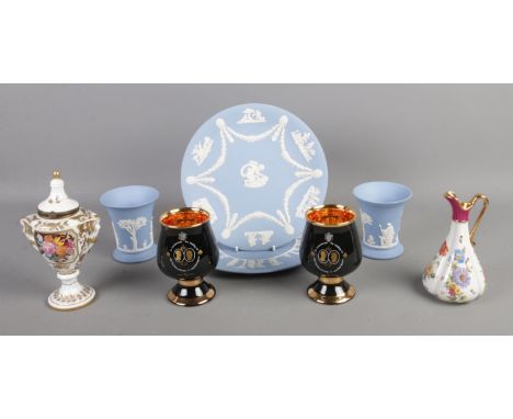 A collection of assorted ceramics, to include Wedgwood jasperware, Prinknash pottery commemorative goblets and Limoges ewer. 