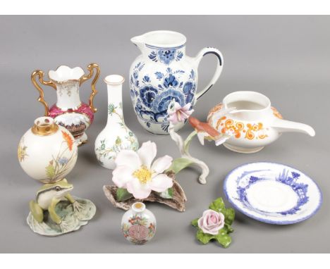A quantity of ceramics. Including Limoges vase, Royal Worcester, Delft jug, Kaiser, Oriental scent bottle, etc.  