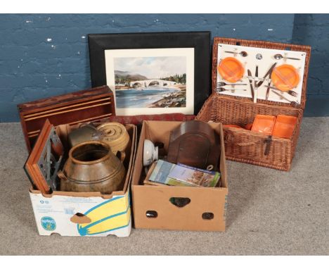 Two boxes of miscellaneous to include mantle clock, picnic set, ceramics, glassware, etc.  
