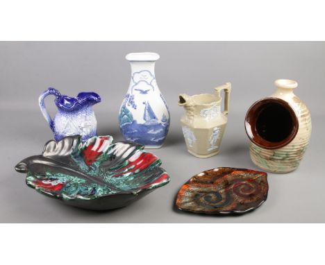 A collection of assorted ceramics, to include Poole style vallauris leaf dish, jug with lionhead spout and salt pig.  Hairlin