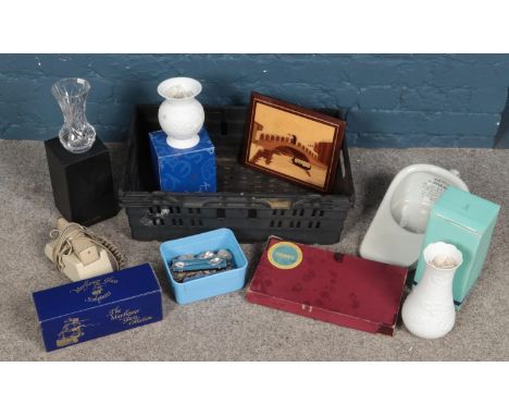 A box of miscellaneous. Including boxed Kaiser vases, commemorative spoons, vintage telephone, Scrabble, glassware, etc.  