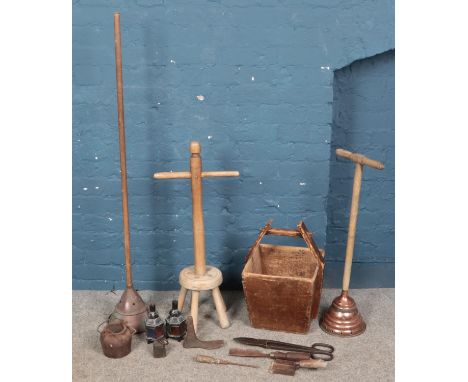 A quantity of miscellaneous. Includes wooden rice bucket, vintage hand tools, copper possers, shears, etc.  