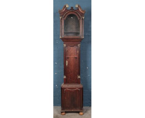 A Georgian oak longcase clock case, with double swan neck pediment and gilt highlights. 228cm high. Dial mask 46cm x 33cm.  R