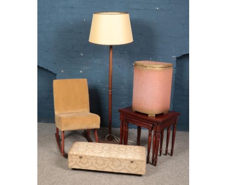 Assorted furniture. Includes rocking chair, nest of three tables, two linen boxes and a standard lamp.  