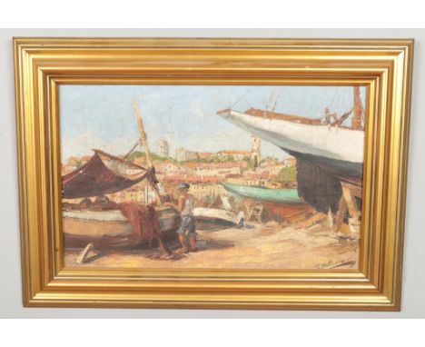 R Bolliand, a gilt framed oil on canvas, dock yard scene with a worker to the foreground. 26cm x 43cm.  