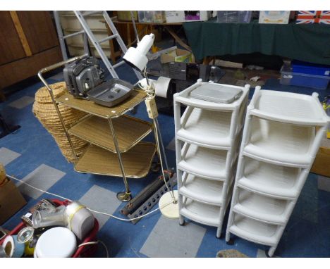 A Three Tier Hostess Trolley, Two Plastic Racks, Adjustable Reading Lamp, Film Projector 